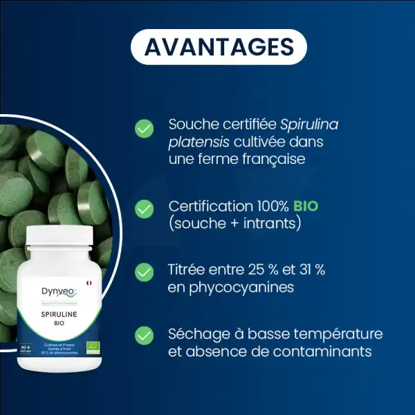 Dynveo Spiruline Bio Française 90 Comprimés De 500mg Titrage > 25% Phycocyanine