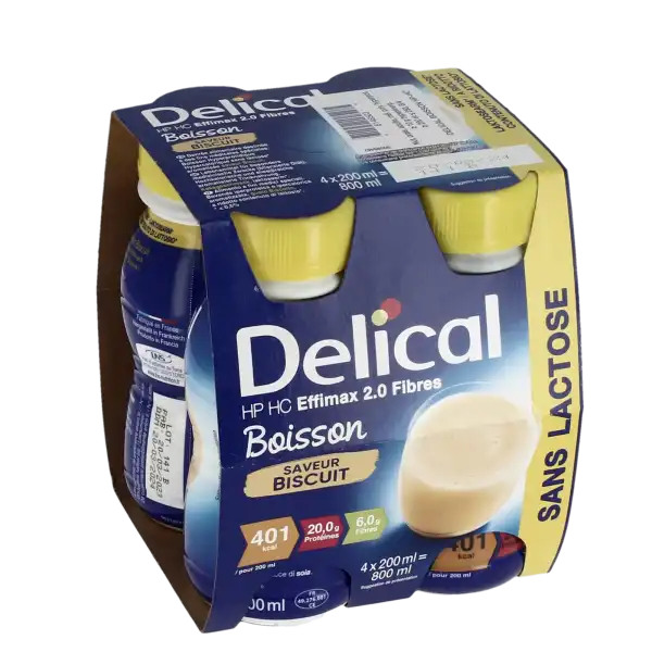 Delical Effimax Boisson Hp Hc Sans Lactose Avec Fibres Nutriment Biscuit 4 Bouteilles/200ml