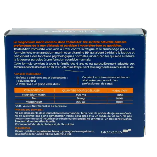 Thalamag Forme Physique & Mentale Magnésium Marin Fer Vitamine B9 Gélules Boîte De 60