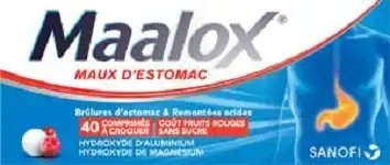 MAALOX MAUX D'ESTOMAC HYDROXYDE D'ALUMINIUM/HYDROXYDE DE MAGNESIUM 400 mg/400 mg SANS SUCRE FRUITS ROUGES, comprimé à croquer édulcoré à la saccharine sodique, au sorbitol et au maltitol