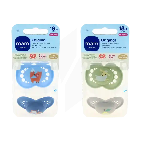 MAM ORIGINAL Sucette silicone + 18 mois nature Boîte de 2