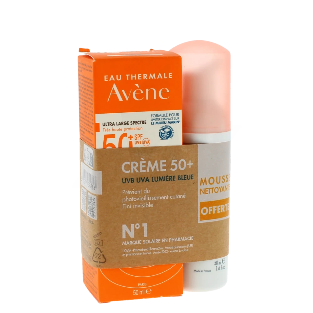 Avene Solaire Spf50 + Crème Très Haute Protection Tube De 50 Ml + Mousse Nettoyante