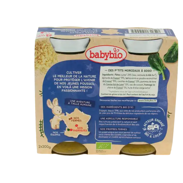 Babybio Alimentation Infantile Bonne Nuit Pâtes Perles épinard Chèvre Morceaux 2pots/200g
