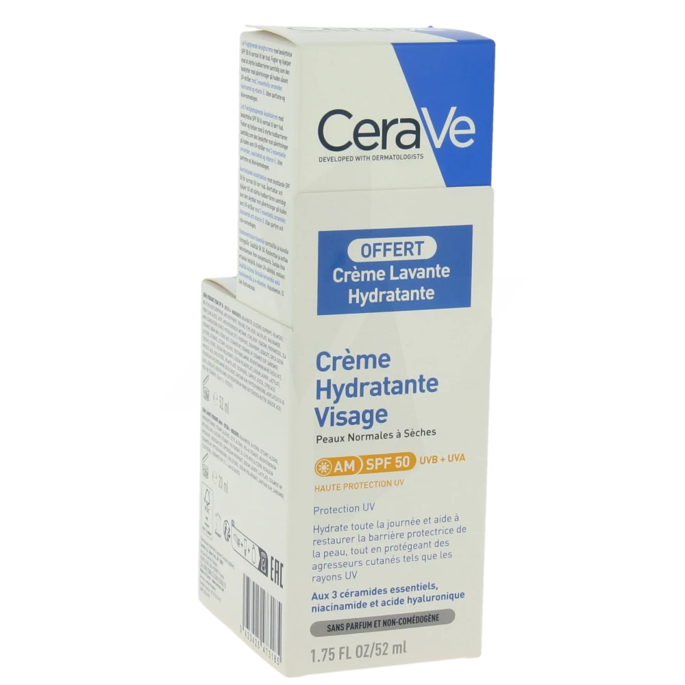 Cerave Crème Hydratante Visage Spf50 Pour Les Peaux Normales à Sèches Tube/52ml + Crème Lavante 20ml