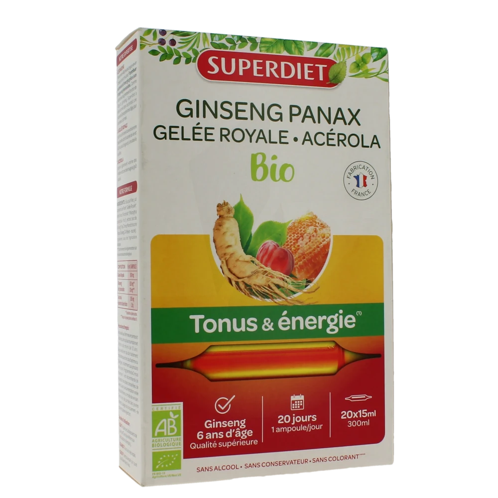 Superdiet Ginseng Gelée Royale Acérola Bio Solution Buvable 20 Ampoules/10ml