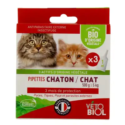 Vétobiol bio Pipettes Antiparasitaire Chat Et Chaton B/3 à Saint-Herblain