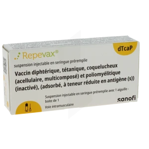 Repevax, Suspension Injectable En Seringue Préremplie. Vaccin Diphtérique, Tétanique, Coquelucheux (acellulaire, Multicomposé) Et Poliomyélitique (inactivé), (adsorbé, à Teneur Réduite En Antigène(s))