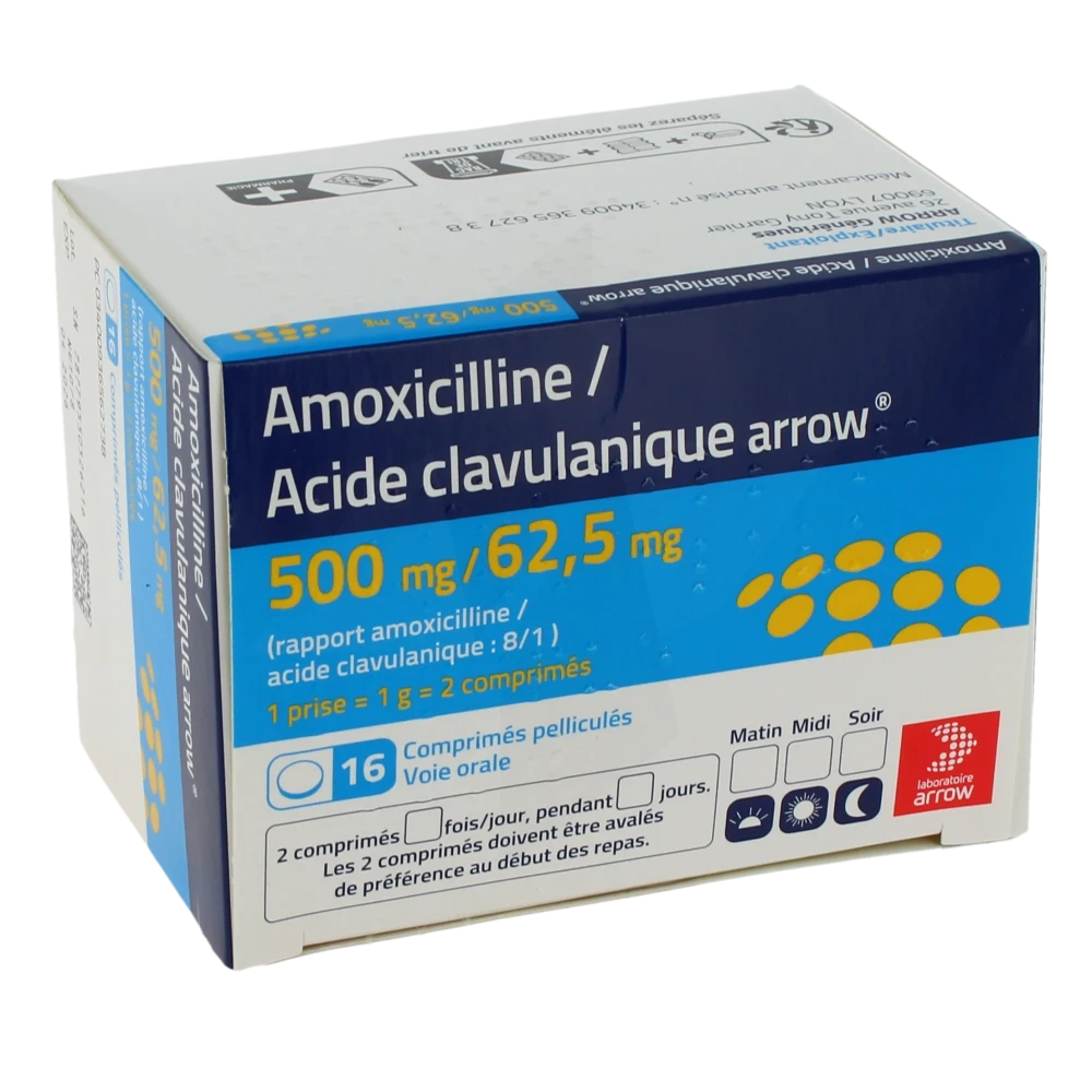 Amoxicilline/acide Clavulanique Arrow 500 Mg/62,5 Mg Adultes, Comprimé Pelliculé (rapport Amoxicilline/acide Clavulanique : 8/1)