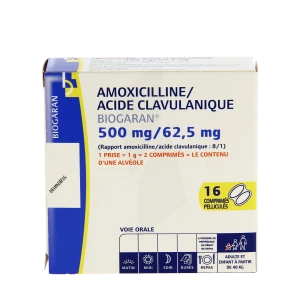 Amoxicilline/acide Clavulanique Biogaran 500 Mg/62,5 Mg, Comprimé Pelliculé (rapport Amoxicilline/acide Clavulanique : 8/1)