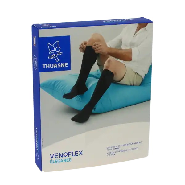 Thuasne Venoflex Elegance 2 Bas Cuisse Antiglisse Maille Côtelée Homme Noir T1n