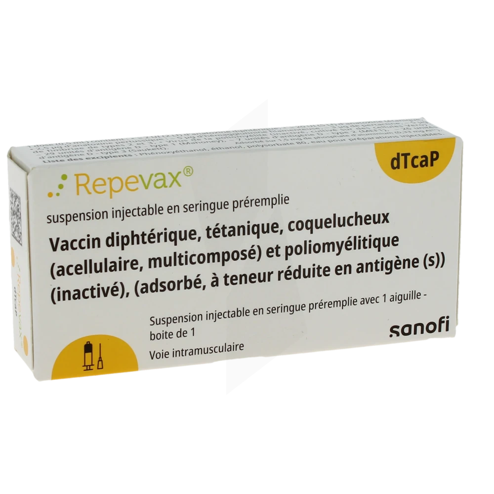 Repevax, Suspension Injectable En Seringue Préremplie. Vaccin Diphtérique, Tétanique, Coquelucheux (acellulaire, Multicomposé) Et Poliomyélitique (inactivé), (adsorbé, à Teneur Réduite En Antigène(s))