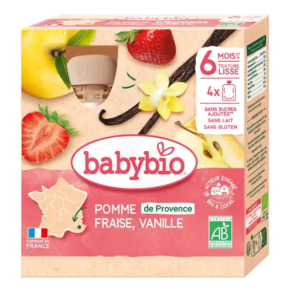 Babybio Alimentation Infantile Pomme Fraise Vanille 4gourdes/90g