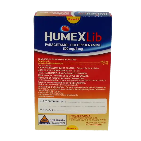 Humexlib Paracetamol Chlorphenamine 500 Mg/4 Mg, Gélule