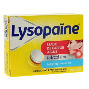 LysopaÏne Ambroxol 20 Mg Past Maux De Gorge Sans Sucre Menthe édulcorée Au Sorbitol Et Saccharine Sodique Plq/18