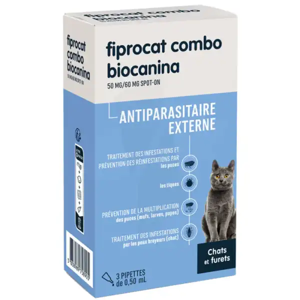 Fiprocat Combo 50 Mg/60 Mg Solution Pour Spot-on Chat Et Furet 3pipettes/0,5ml