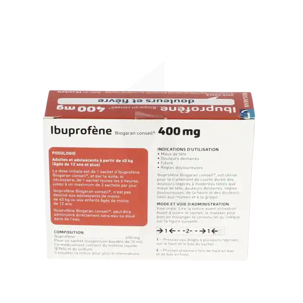 Ibuprofene Biogaran Conseil 400 Mg, Suspension Buvable En Sachet édulcorée Au Maltitol Liquide