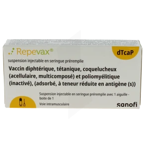Repevax, Suspension Injectable En Seringue Préremplie. Vaccin Diphtérique, Tétanique, Coquelucheux (acellulaire, Multicomposé) Et Poliomyélitique (inactivé), (adsorbé, à Teneur Réduite En Antigène(s))