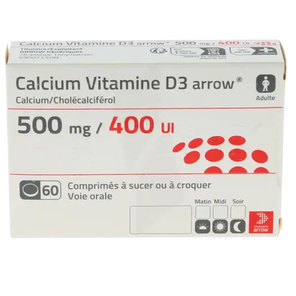 Calcium Vitamine D3 Arrow 500 Mg/400 Ui, Comprimé à Sucer Ou à Croquer
