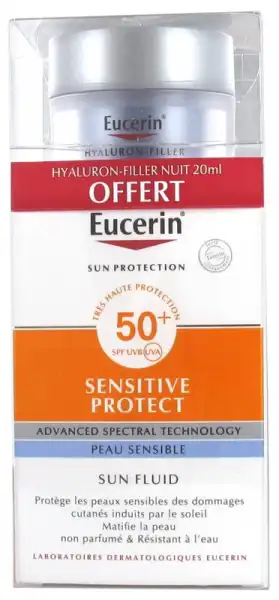 Eucerin Sun Sensitive Protect Spf50+ Fluide Visage Fl/50ml+mini Hf Nuit Offert