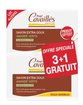 Rogé Cavaillès Savon Surgras Extra Doux Amande Verte 3x250g + 1 Offert