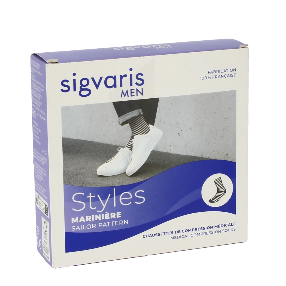 Sigvaris Styles Motifs Mariniere Chaussettes  Homme Classe 2 Marine Blanc Large Normal