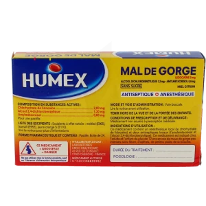 Humex Mal De Gorge Lidocaine/alcool Dichlorobenzylique/amylmetacresol 2 Mg/1,2 Mg/0,6 Mg Miel Citron Sans Sucre, Pastille édulcorée à La Saccharine Sodique, Au Maltitol Et à L'isomalt