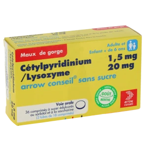 Cetylpyridinium/lysozyme Arrow Conseil 1,5 Mg/20 Mg Sans Sucre, Comprimé à Sucer édulcoré Au Sorbitol Et à La Saccharine