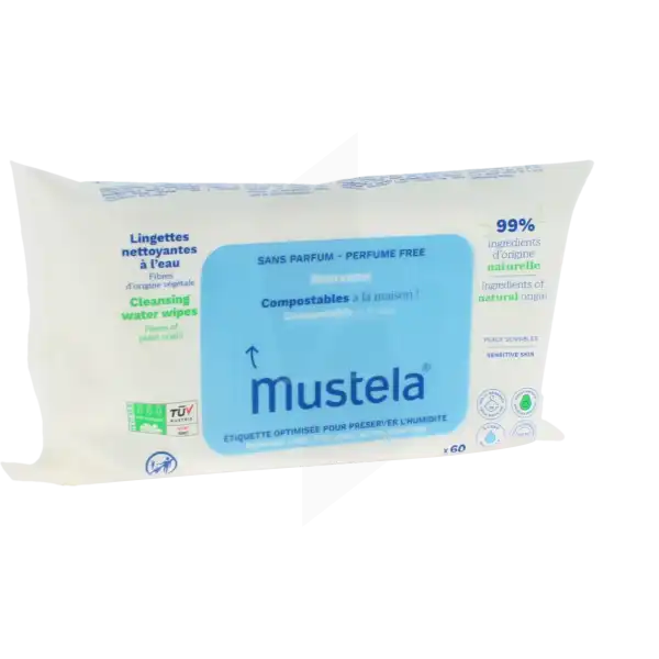 Mustela Lingettes nettoyantes à l'eau compostables sans parfum Paquet de 60