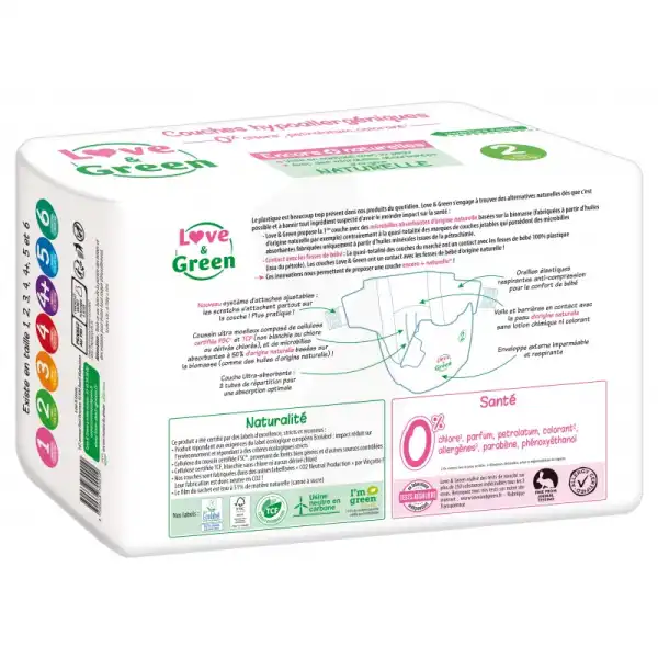 Love & Green Couches Hypoallergéniques T2 (3-6kg) Paquet/44