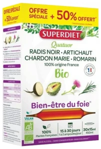 Superdiet Quatuor Bio Solution Buvable Bien-être Du Foie 30 Ampoules/10ml