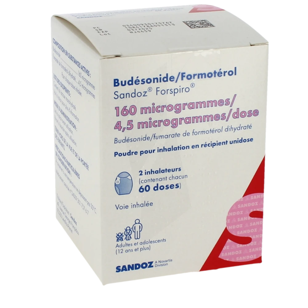 Budesonide/formoterol Sandoz Forspiro 160 Microgrammes/4,5 Microgrammes/dose, Poudre Pour Inhalation En Récipient Unidose