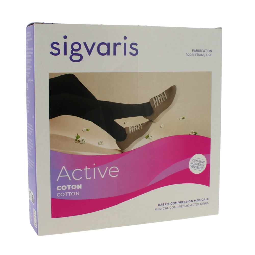 Sigvaris Active Coton Bas Auto-fixant Classe 2 Femme Noir Normal L