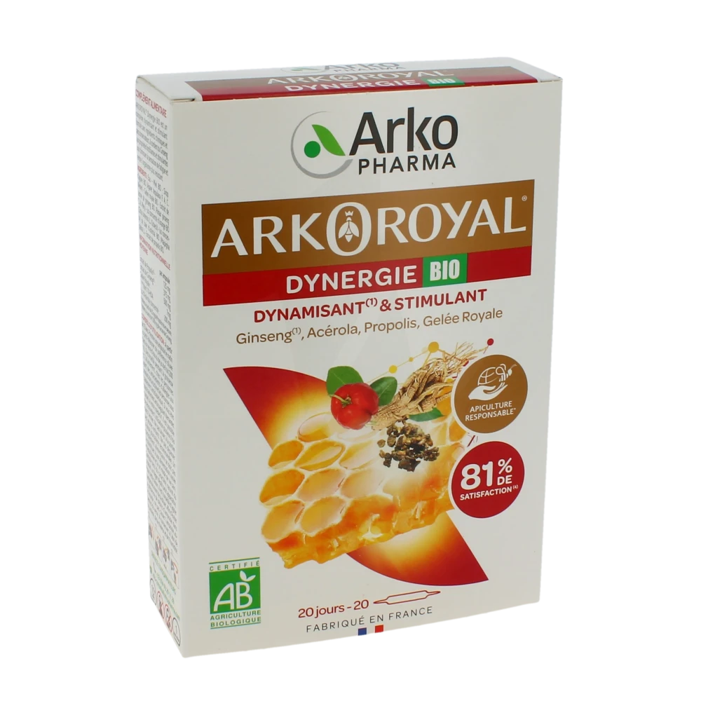 Arkoroyal Dynergie Bio Ginseng Gelée Royale Propolis Solution Buvable 20 Ampoules/10ml