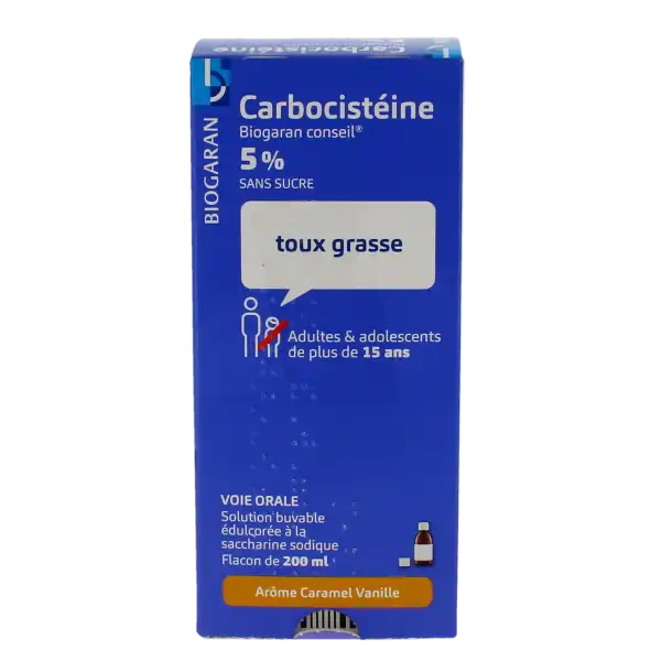 Carbocisteine Biogaran Conseil 5 Pour Cent Sans Sucre, Solution Buvable En Flacon édulcorée à La Saccharine Sodique