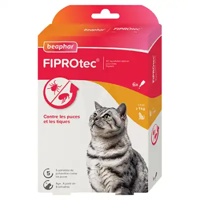 Beaphar Fiprotec 50 mg solution spot-on pour Chats (> 1 kg) au Fipronil puces et tiques 6 pipettes x 0,5ml