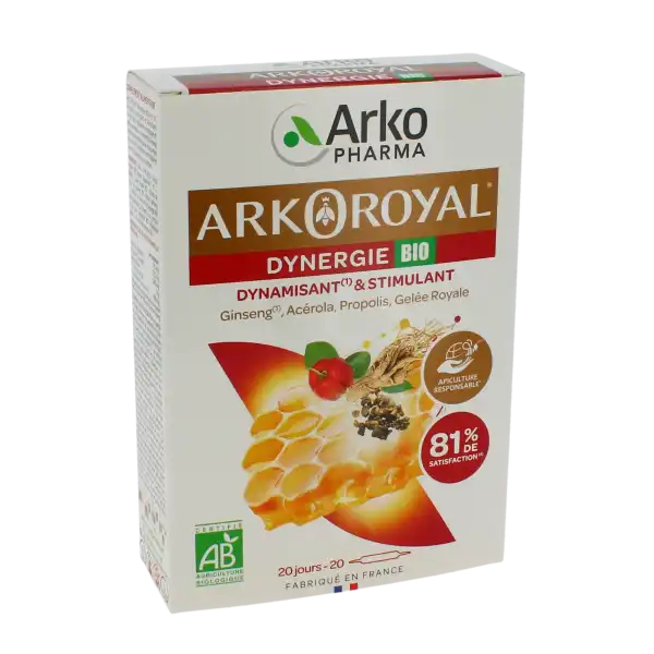 Arkoroyal Dynergie Bio Ginseng Gelée Royale Propolis Solution Buvable 20 Ampoules/10ml