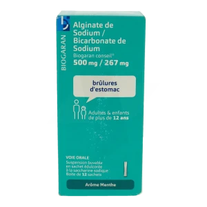Alginate De Sodium/bicarbonate De Sodium Biogaran Conseil 500 Mg/267 Mg, Suspension Buvable En Sachet édulcorée à La Saccharine Sodique