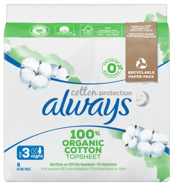 Always Bio Cotton Protection Serviette Périodique Night Paquet/8