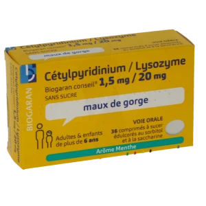 Cetylpyridinium / Lysozyme Biogaran Conseil 1,5 Mg/20 Mg Sans Sucre, Comprimé à Sucer édulcoré Au Sorbitol Et à La Saccharine