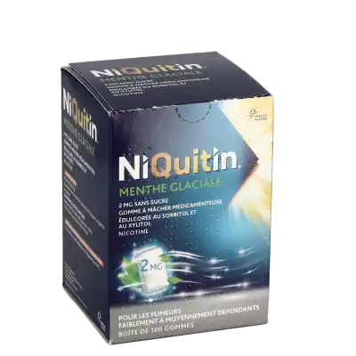 NIQUITIN MENTHE GLACIALE 2 mg SANS SUCRE, gomme à mâcher médicamenteuse édulcorée au sorbitol et au xylitol