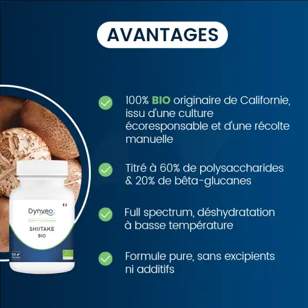 Dynveo Shiitake Bio Concentré 20% Bêta Glucanes 500mg 60 Gélules