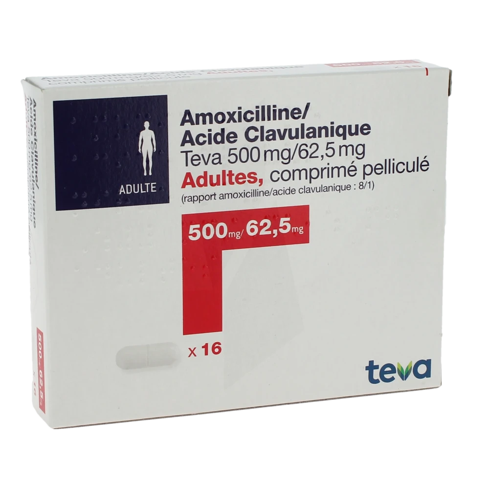 Amoxicilline/acide Clavulanique Teva 500 Mg/62,5 Mg Adultes, Comprimé Pelliculé (rapport Amoxicilline/acide Clavulanique : 8/1)