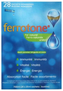 Ferrotone Eau De Source Riche En Fer Enrichie En Vitamine C Pomme 28 Sachets/25ml