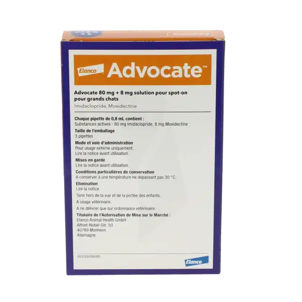 Advocate 80 Mg + 8 Mg Solution Pour Spot-on Pour Grands Chats, Solution Pour Spot-on