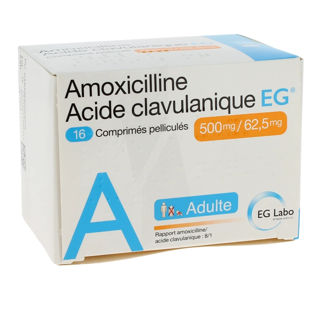 Amoxicilline/acide Clavulanique Eg 500 Mg/62,5 Mg Adultes, Comprimé Pelliculé (rapport Amoxicilline/acide Clavulanique : 8/1)