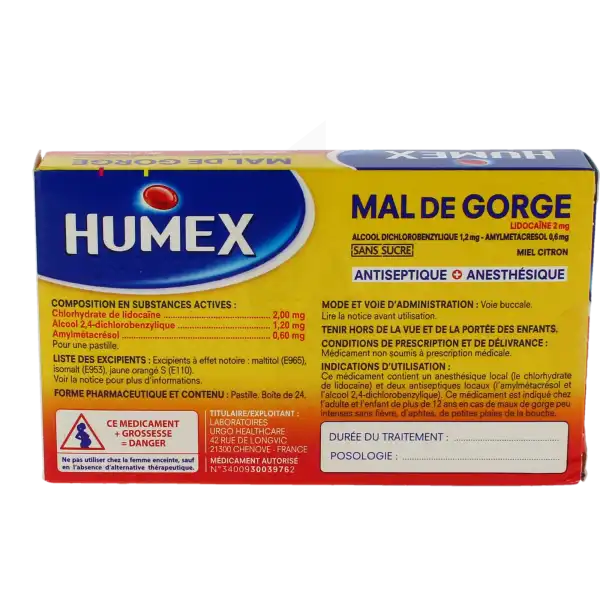 Humex Mal De Gorge Lidocaine/alcool Dichlorobenzylique/amylmetacresol 2 Mg/1,2 Mg/0,6 Mg Miel Citron Sans Sucre, Pastille édulcorée à La Saccharine Sodique, Au Maltitol Et à L'isomalt