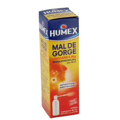 HUMEX MAL DE GORGE LIDOCAINE/BENZALKONIUM 0,30 g/0,03 g pour 100 mL, collutoire, flacon pressurisé