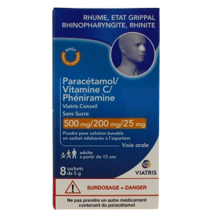 Paracetamol/vitamine C/pheniramine Viatris Conseil Sans Sucre 500 Mg/200 Mg/25 Mg, Poudre Pour Solution Buvable En Sachet édulcorée à L’aspartam