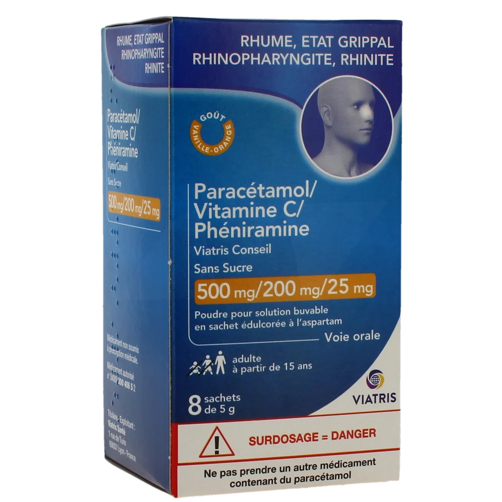 Paracetamol/vitamine C/pheniramine Viatris Conseil Sans Sucre 500 Mg/200 Mg/25 Mg, Poudre Pour Solution Buvable En Sachet édulcorée à L’aspartam