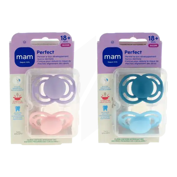 MAM PERFECT Sucette anatomique silicone + 18 mois tendance Boîte de 2